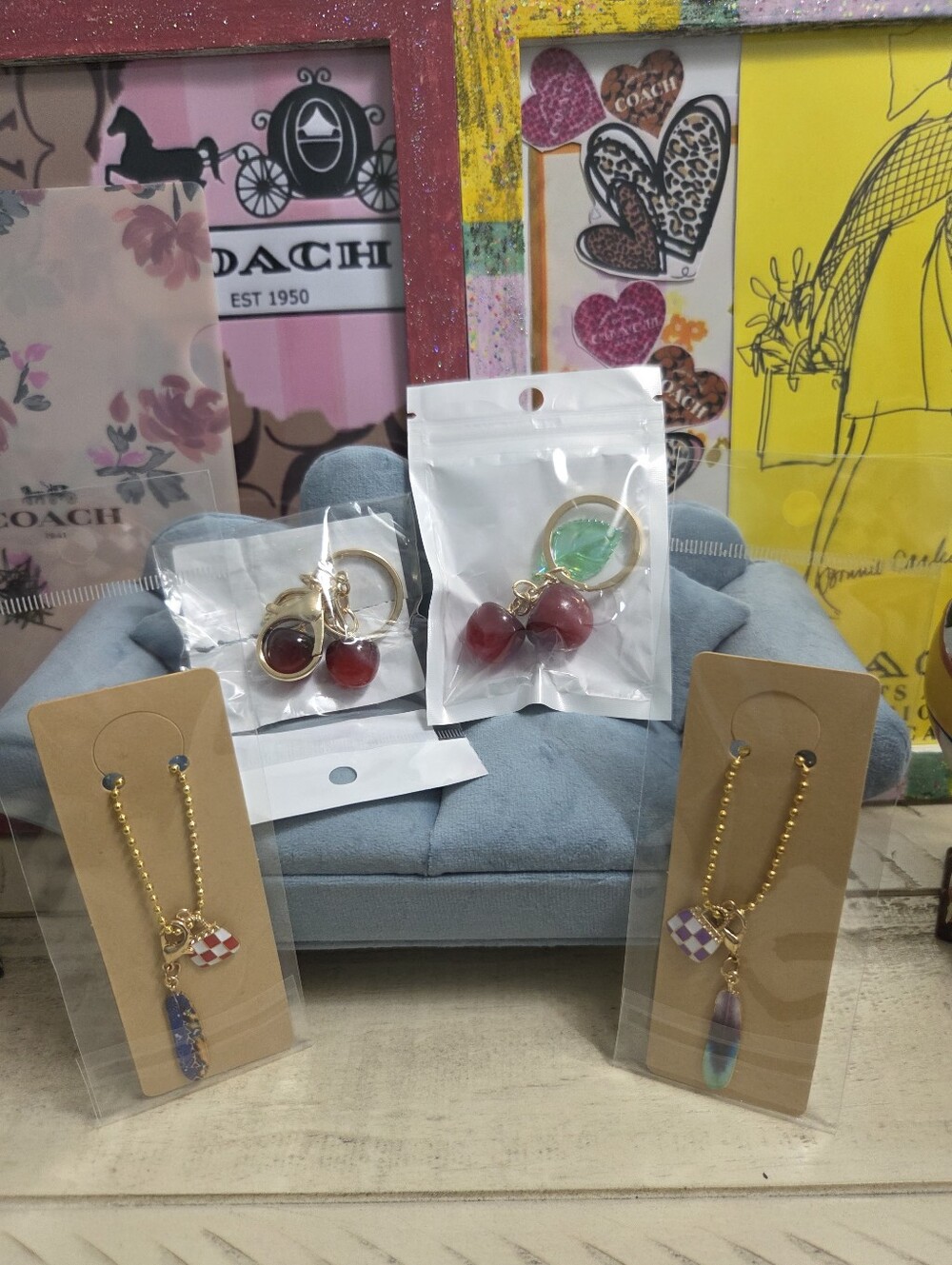 (4) Red Cherries & Bags/Feathers Keychain/Bag Charm Set with Gold Hardware, NEW